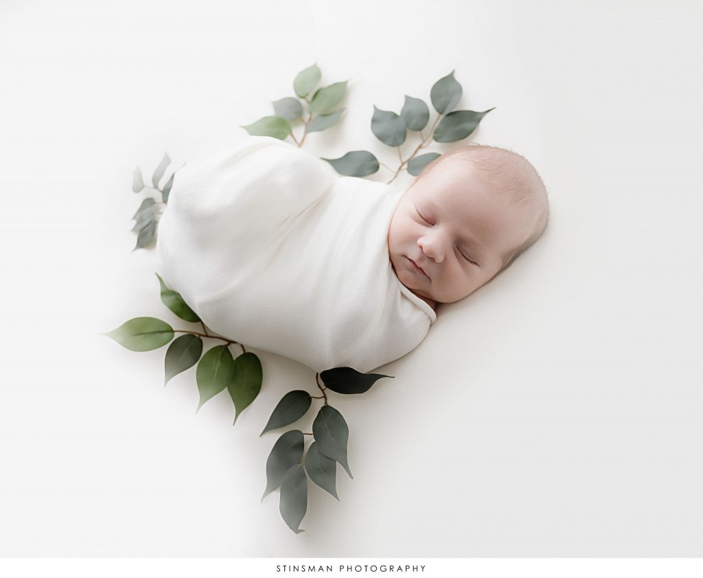 Newborn baby boy sleeping swaddled with a pop of greenery.