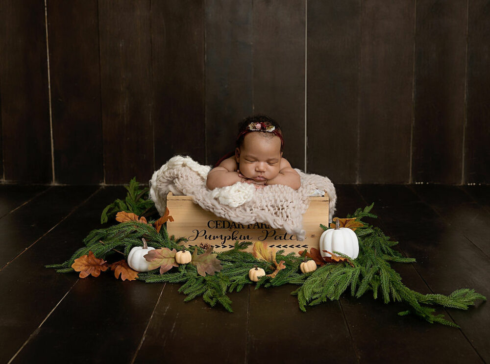 Sleeping newborn on pumpkin theme photography prop with textured blanket for her professional baby pics taken in Camden, New Jersey.