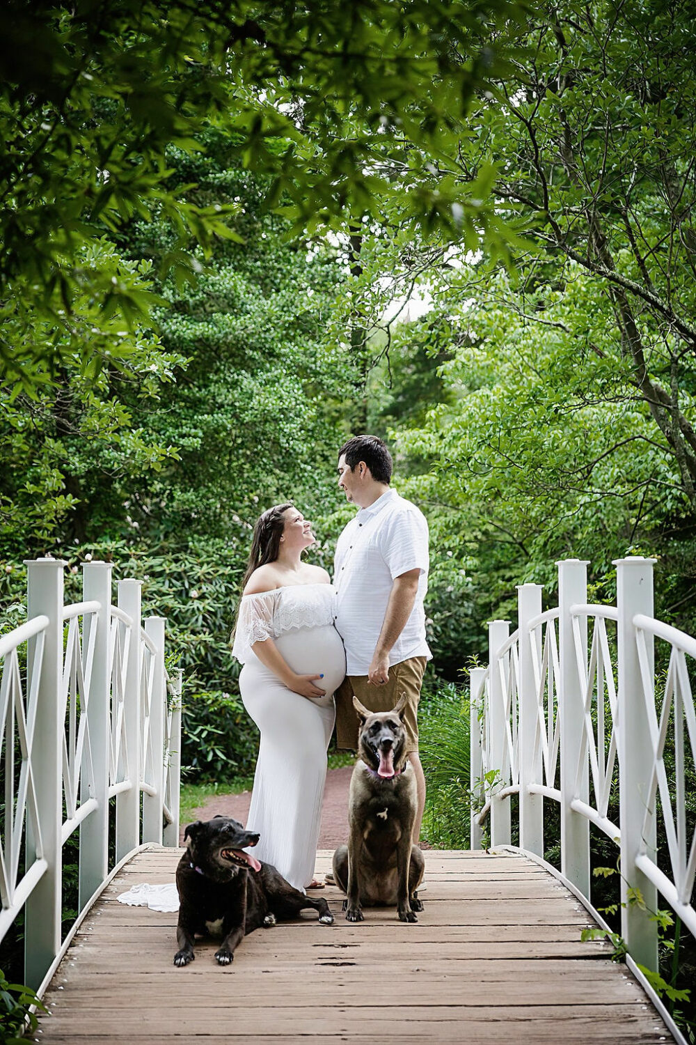 Pregnant woman looking up at her husband posing on bridge with her two dogs for her maternity pictures in Cherry Hill, New Jersey.
