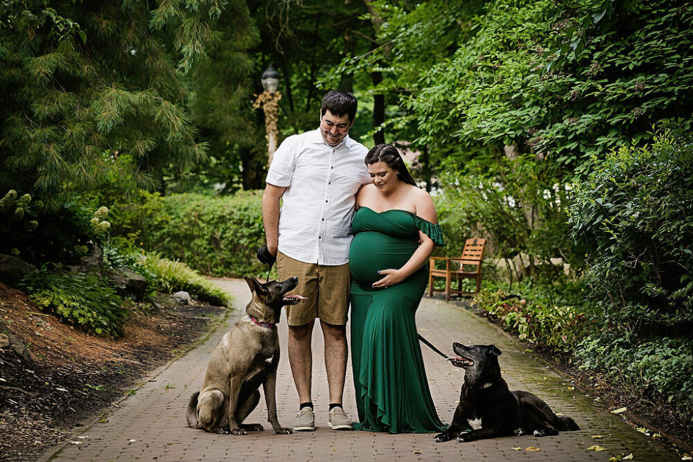 Pregnant woman side hugging her husband holding belly and standing in garden trail with their two dogs for their summer maternity session taken in Moorestown, New Jersey.