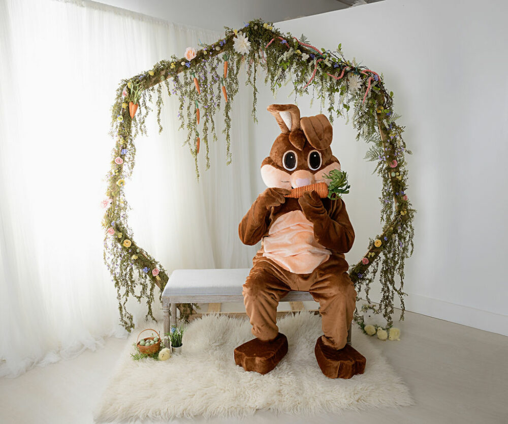 Man in Easter bunny costume holding carrot prop for in studio Easter mini session in South Jersey.