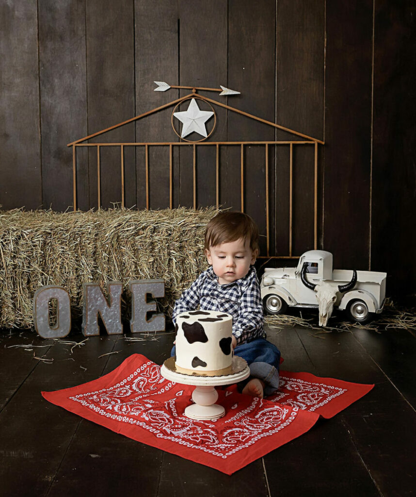 One-year-old boy sitting in front of mini-cake that decorated with cow spots wearing jeans and button up shirt for his cowboy first birthday session in Westampton, New Jersey.