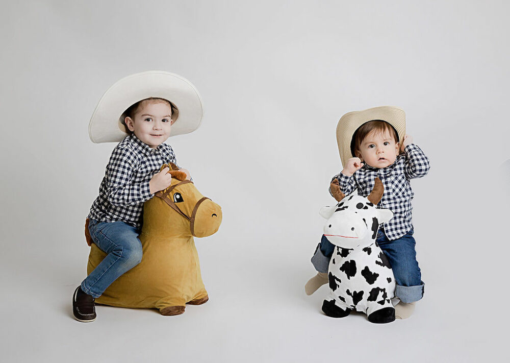 Sibling portrait of two boys sitting on cow and horse props and wearing sombreros and matching outfits for a cowboy first birthday session in Wrightstown, New Jersey.