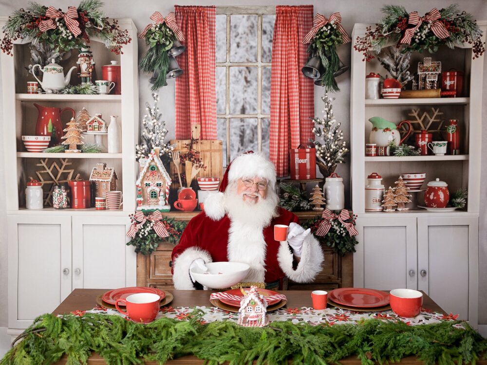 Smiling Santa in a red kitchen and candy photo set