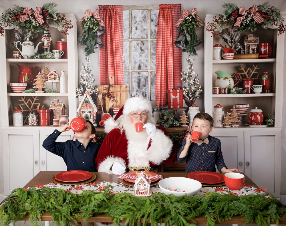 Drink some hot cocoa with santa in a red kitchen and candy photo set