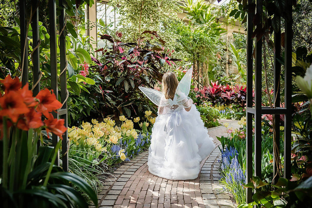Lifestyle portrait of a toddler girl walking through a garden, wearing long dress and fairy wings for her garden fairy birthday session in Deptford, New Jersey.