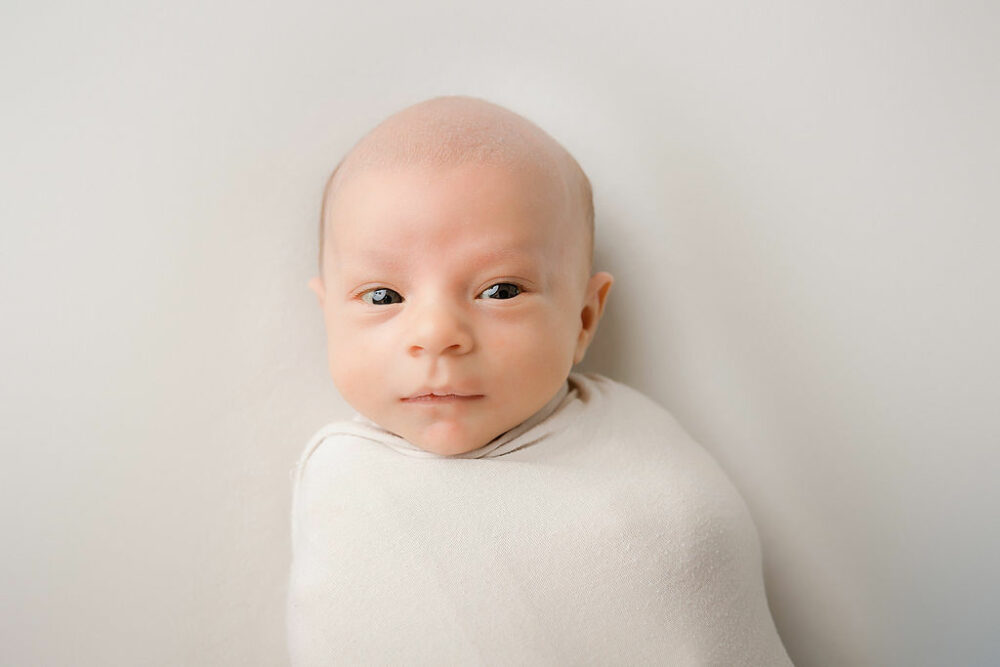 A newborn laying on back and looking directly into the camera for his professional baby pics, taken for his in studio, navy blue newborn session in Cherry Hill, New Jersey.