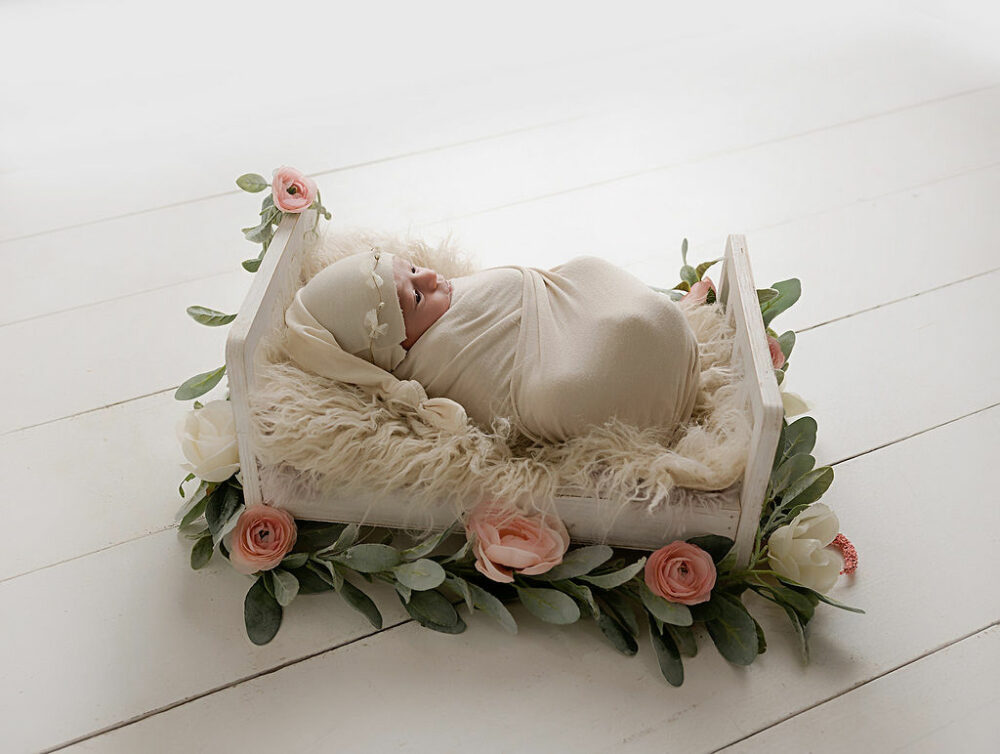 A infant girl resting in tiny photography prop with textured blanket and pink flowers Post for her in studio newborn photography session in freehold, New Jersey.