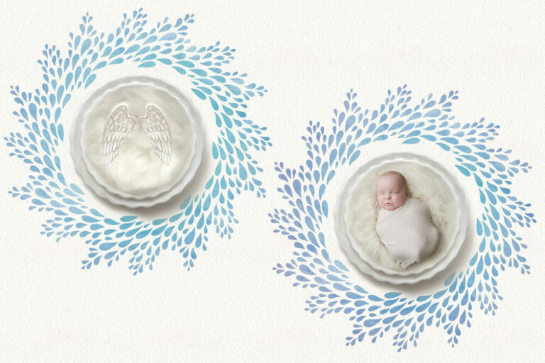 Composite photo of a twin boy sleeping in basket next to an identical one with angel wings to remember his twin sibling who passed taken during his NICU newborn session in Southampton, New Jersey.